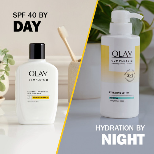 Olay complete moisturizer SPF 40 bottle. SPF 40 by day. Complete + Hydrating Lotion. Hydration by night.