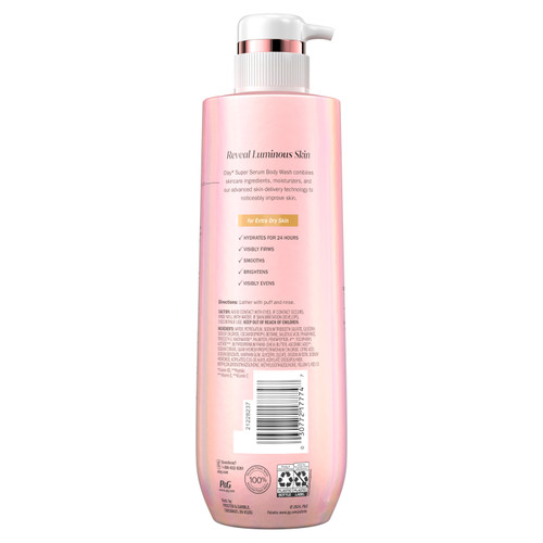 Olay Super Serum Body Wash for Extra Dry Skin bottle with pump. Back ingredients.
