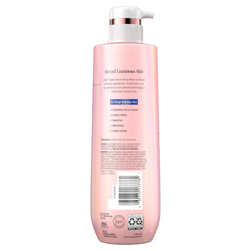 Olay Super Serum Body Wash for Rough and Bumpy Skin bottle with pump. Back ingredients.