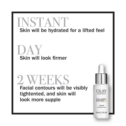 Instant skin will be hydrated for a lifted feel. Day skin will look firmer. 2 weeks facial contours will be visibly tightened, and skin will look more supple