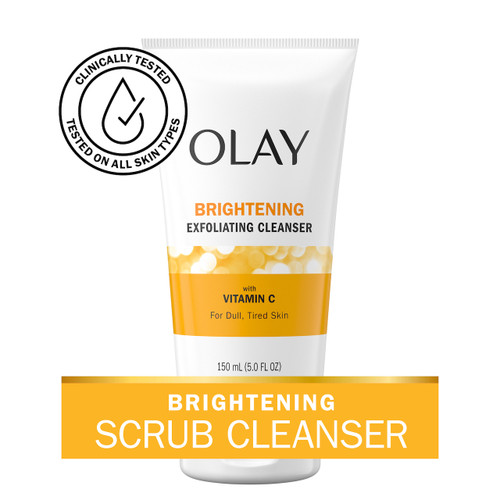 Vitamin C Brightening Cleanser bottle. Brightening scrub cleanser. Clinically tested on all skin types.