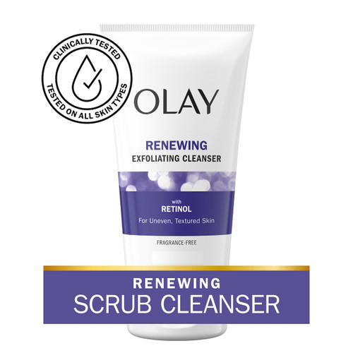Retinol24 Skin Renewing Cleanser bottle. Renewing scrub cleanser. Clinically tested on all skin types
