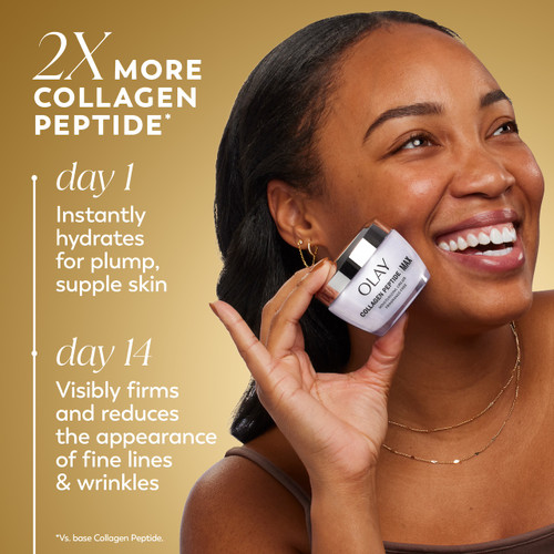 Model posing with Collagen peptide moisturizer Max jar. 2x more collagen peptide*. Day 1 instantly hydrates for plump, supple skin. Day 14 visibly firms and reduces the appearance of fine lines and wrinkles. *vs base collagen peptide