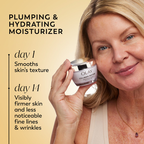 Model posing with Collagen peptide moisturizer jar. Plumping and hydrating moisturizer. Day 1 smooths skin's texture. Day 14 visibly firmer skin and less noticeable fine lines and wrinkles