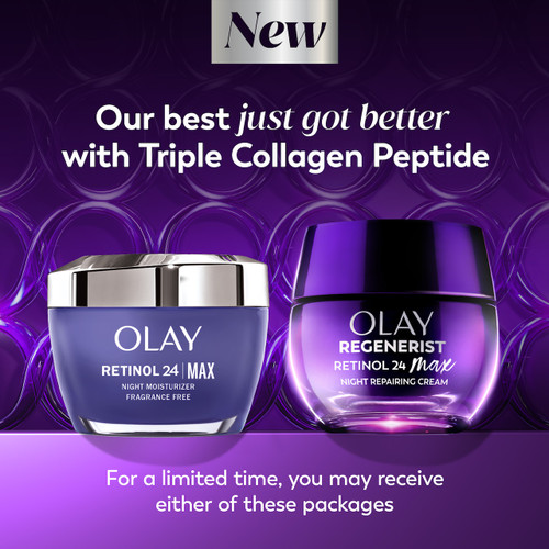 Olay Retinol24 Night Max Moisturizer old jar and new. Our best just got better with triple collagen peptide. For a limited time, you may receive either of these packages