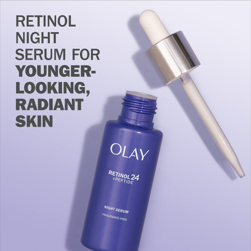 Olay Retinol 24 Night Smoothing Serum bottle dropper. Retinol Night serum for younger looking radiant skin.