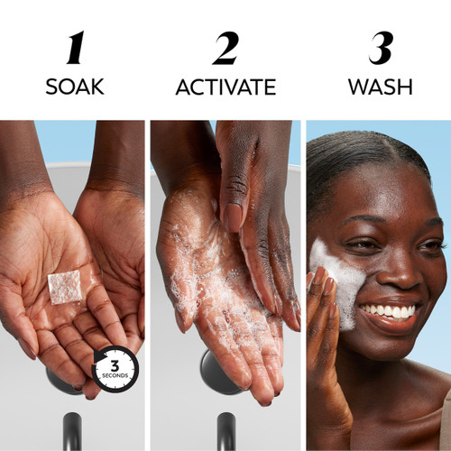 3 Images. 1 Soak with melt in hand. 2 activate with melt lather in hand. 3 wash model applying melt cleanser to face.