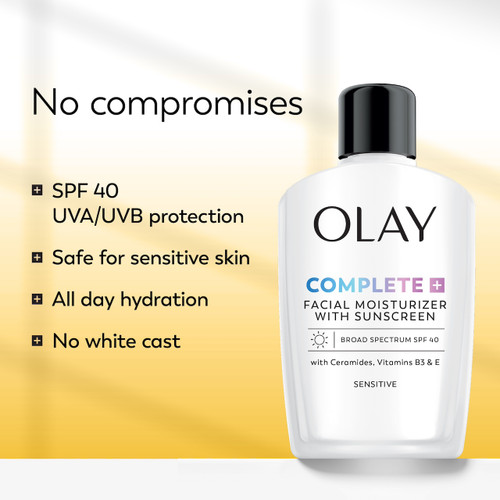 Olay Complete + Daily Facial Moisturizer with Sunscreen SPF 40 bottle. No compromises. SPF40 uva/uvb protection. Safe for sensitive skin. All day hydration. No white cast