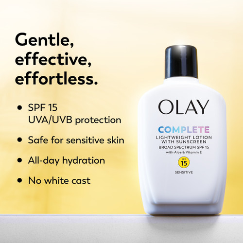Olay Complete Lotion Moisturizer with SPF 15 Sensitive. Gentle, effective, effortless. SPF15 UVA/UVB protection. Safe for sensitive skin. All day hydration. No white cast