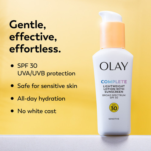 Olay Complete Lotion Moisturizer with SPF 30 Sensitive bottle. Gentle, effective, effortless. SPF 30 UVA/UVB protection. Safe for sensitive skin. All day protection. No white cast.