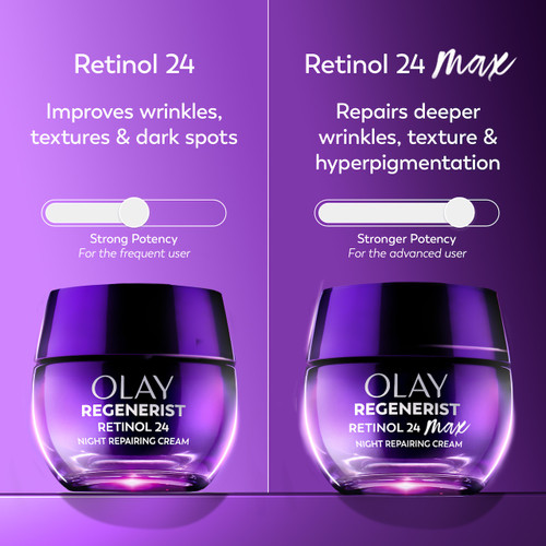 Olay Retinol24 Night Moisturizer jar and Olay Retinol24 Max Night Moisturizer jar. Retinol 24 improves wrinkles, textures and dark spots. Strong potency for frequent user. Retinol 24 Max repairs deeper wrinkles, texture and hyperpigmentation. Stronger potency for the advanced user.