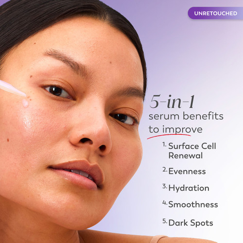 Model applying serum to face with dropper. 5 in 1 serum benefits to improve surface cell renewal, evenness, hydration, smoothness, dark spots.