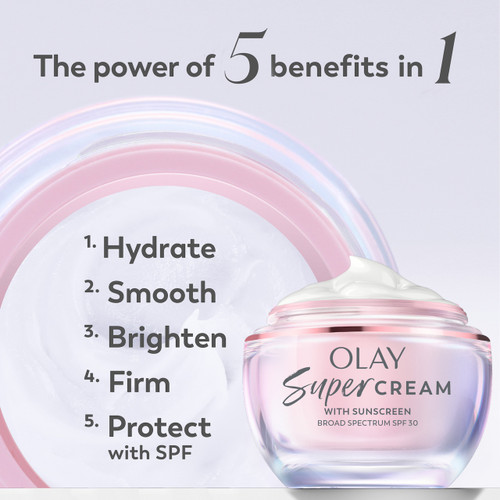 Super Cream jar. The power of 5 benefits in 1. Hydrate, smooth, brighten, firm, protect with SPF