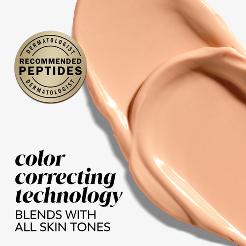 Olay Eyes Ultimate Eye Perfecting Cream texture swipe. Color correcting technology. Blends with all skin tones. Dermatologist recommended peptides