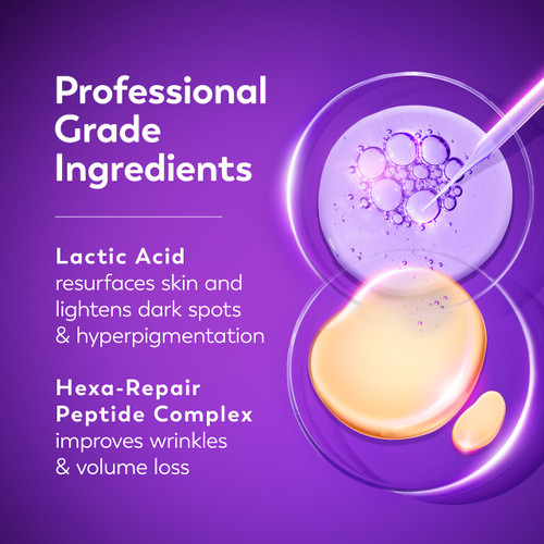 Ingredients. Professional grade ingredients. Lactic acid resurfaces skin and lightens dark spots and hyperpigmentation, hexa repair peptide complex improves wrinkles and volume loss