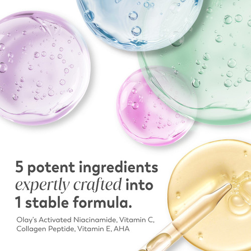 Ingredient textures. 5 potent ingredients expertly crafted in 1 stable formula. Olay's activated niacinamide, vitamin c, collagen peptide, vitamin e, AHA