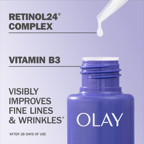 Olay Retinol 24 Night Smoothing Serum bottle dropper. Retinol 24 complex. Vitamin B3. Visibly improves fine lines and wrinkles* *after 28 days of use