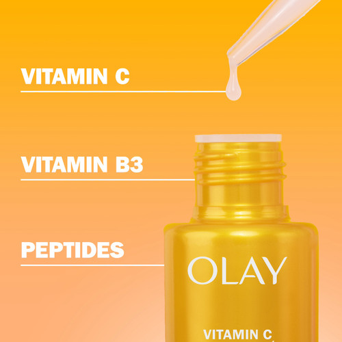 Olay Vitamin C Brightening Serum bottle with dropper. Vitamin C, Vitamin B3, Peptides