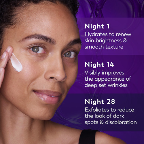 Model posing applying Olay Retinol24 Max Night Moisturizer to face. Night 1 hydrates to renew skin brightness and smooth texture. Night 14 improves the appearance of deep set wrinkles. Night 28 exfoliates to reduce the look of dark spots and discoloration