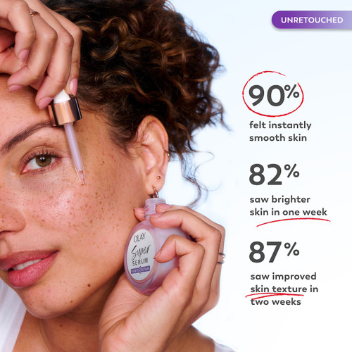 Model applying serum to face with dropper. 90% felt instantly smooth skin. 82% saw brighter skin in one week. 87% saw improved skin texture in two weeks.