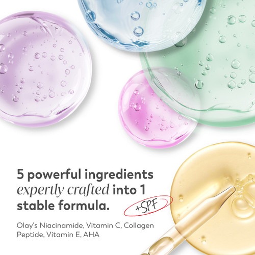 Ingredient textures. 5 potent ingredients expertly crafted in 1 stable formula. Olay's activated niacinamide, vitamin c, collagen peptide, vitamin e, AHA, plus SPF