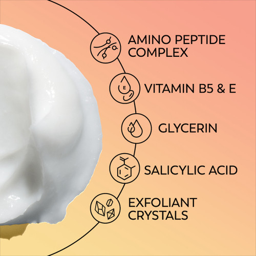 Regenerating Cream Cleanser texture. Ingredients Amino Peptide Complex, Vitamin B5 and E, Glycerin, Salicylic Acid, Exfoliant Crystals.