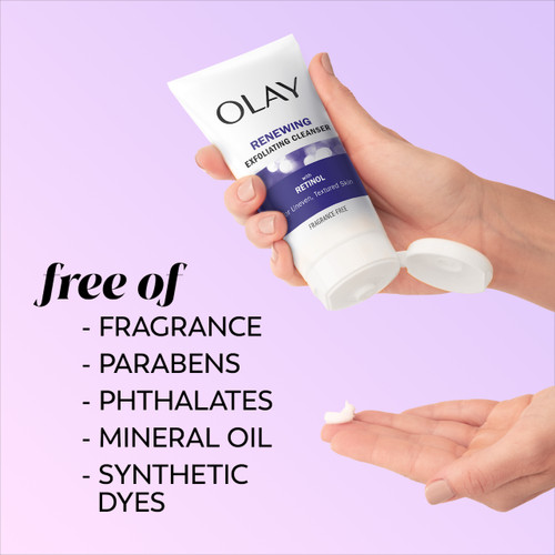 Model holding Retinol24 Skin Renewing Cleanser bottle in hand squeezing cleanser on to fingers. Free of fragrance, parabens, phthalates, mineral oil, synthetic dyes