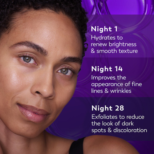 Model posing. Night 1 hydrates to renew brightness and smooth texture. Night 14 improves the appearance of fine lines wrinkles. Night 28 exfoliates to reduce the look of dark spots and discoloration.