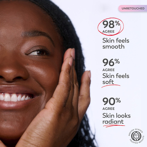 Model posing with hands on face. 98% agree skin feels smooth, 96% agree skin feels soft, 90% agree skin looks radiant