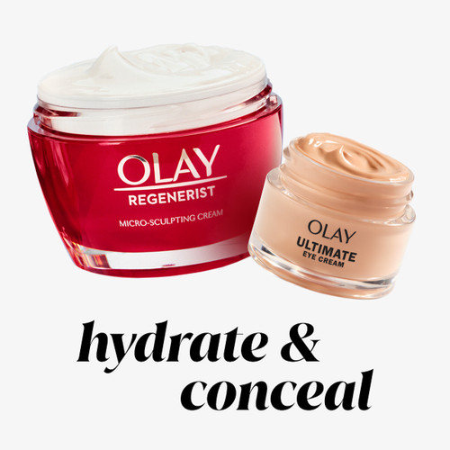 Olay Eyes Ultimate Eye Perfecting Cream jar and Micro Sculpting Cream Moisturizer jar. Hydrate and conceal.
