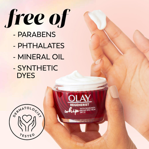 Model hoding jar in one hand and cream on finger in other hand. Free of parabens, phthalates, mineral oil, synthetic dyes. Dermatologist tested.