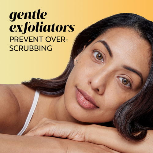 Model posing. Gentle exfoliators prevent over scrubbing.