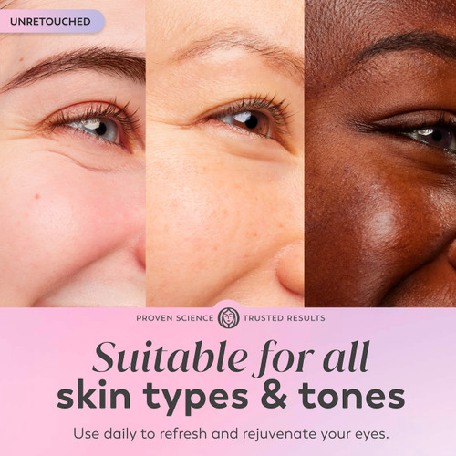 3 images of models with diverse skin tones. Suitable for all skin types and tones. Use daily to refresh and rejuvenate your eyes.