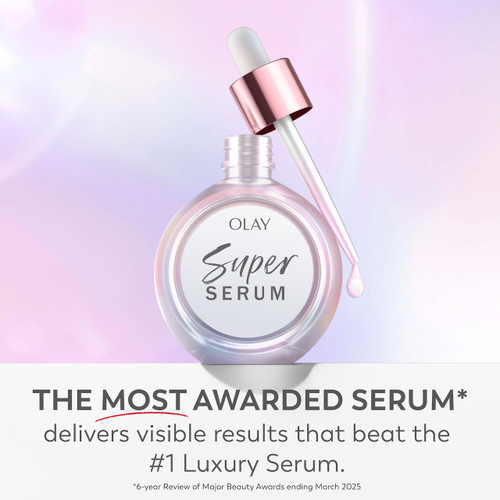 Super Serum jar with dropper detached. The most awarded serum* delivers visible results that beat the #1 luxury serum. *6 year review of major beauty awards ending March 2025