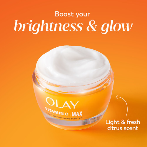 Vitamin C MAX Lightweight Hydrating Moisturizer jar. Boost your brightness and glow. Light and fresh citrus scent.