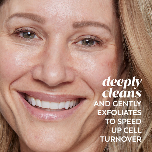 Model smiling. Deeply cleans and gently exfoliates to speed up cell turnover.