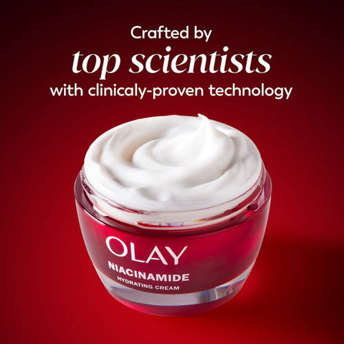 Olay Niacinamide Hydrating Cream jar. Crafted by top scientists with clinically proven technology.
