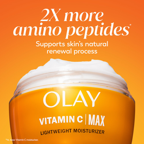 Vitamin C MAX Lightweight Hydrating Moisturizer jar. 2x more amino peptides*. Supports skin's natural renewal process. *Vs base Vitamin C moisturizer