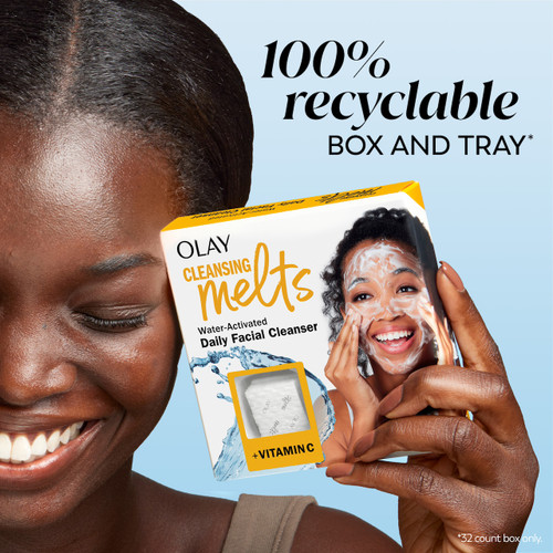 Model holding Cleansing Melts Vitamin C box. 100% recyclable box and tray.