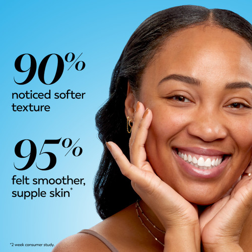 Model posing and smiling. 90% noticed softer texture. 95% felt smoother, supple skin* *2 week consumer study