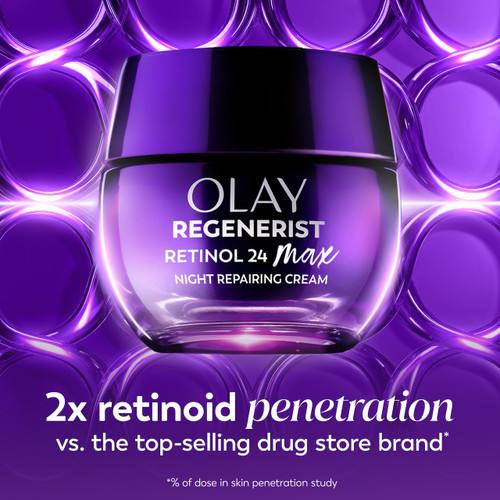 New Olay Retinol24 Max Night Moisturizer jar. 2x retinoid penetration vs the top selling drug store brand* *% of dose in skin penetration study