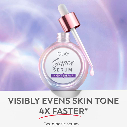 Super Serum night repair bottle. Visibly evens skin tone 4x faster.* *vs a basic serum