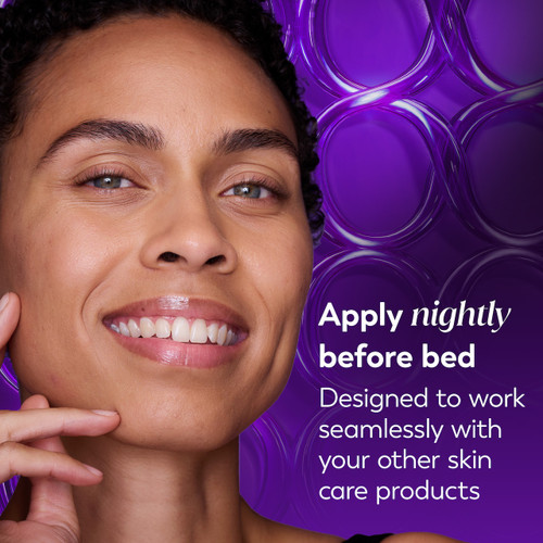 Model posing. Apply nightly before bed. Designed to work seamlessly with your other skin care products.