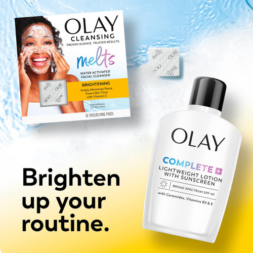 Olay cleansing Melts Vitamin C 32 count box and Olay Complete + Daily Facial Moisturizer with Sunscreen SPF 40 bottle. Brighten up your routine.