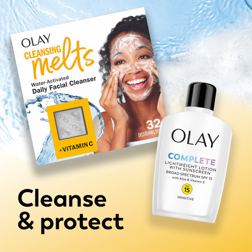 Olay Complete Lotion Moisturizer with SPF 15 Sensitive bottle and Vitamin C melts box. Cleanse and Protect