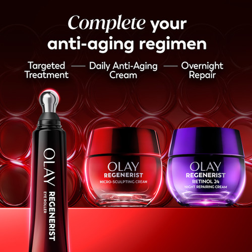 Product lineup. Complete your anti aging regiment. Olay regenerist eye roller, micro sculpting cream jar, Retinol night repairing cream jar. Targeted treatment, daily anti aging cream, overnight repair.