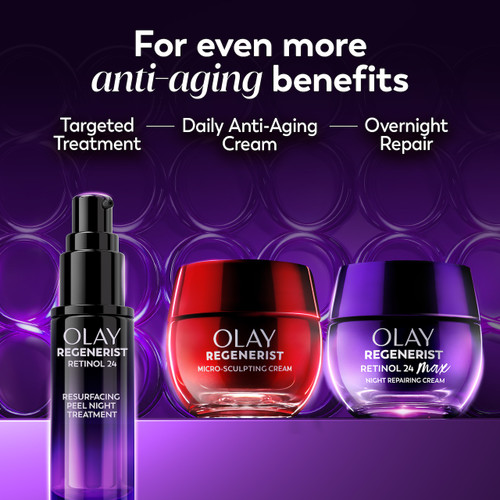 Lineup of New Olay Retinol24 Max Night Moisturizer and Micro-Sculpting Cream Jars and Retinol Resurfacing peel night treatment bottle. For even more anti aging benefits. Targeted Treatment, Daily Anti Aging Cream, Overnight Repair,