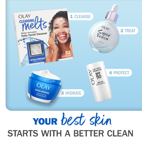 Your best skin starts with a better clean. 1 Cleanse, Showing a box of Cleansing Melts. 2 treat showing a bottle of Super Serum. 3 Hydrate showing a jar of Hyaluronic Face Moisturizer. 4 Protect showing a bottle of SPF 50 sunscreen