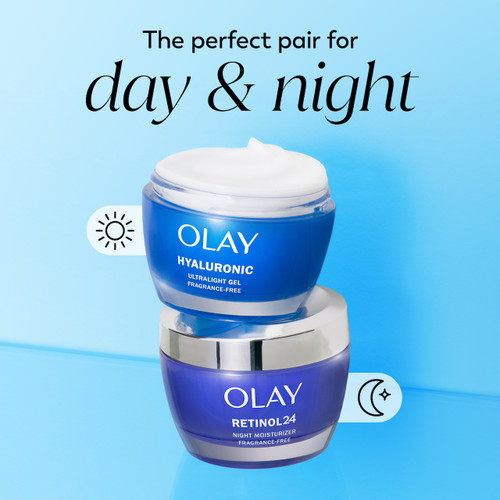 Olay Hyaluronic Ultralight Gel jar and Retinol night face moisturizer jar. The perfect pair for day and night