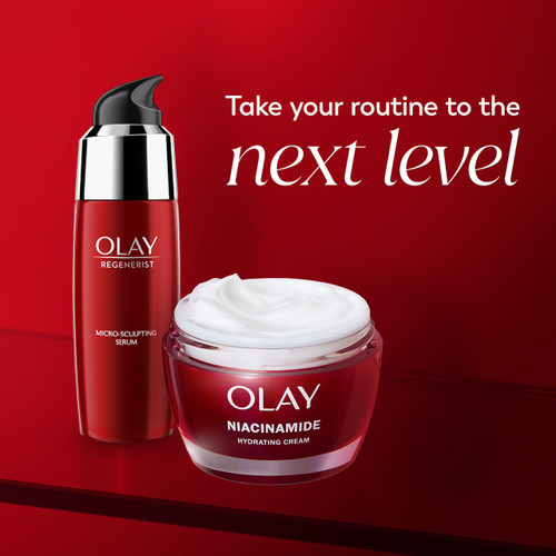 Olay Niacinamide Hydrating Cream jar and Micro sculpting serum bottle. Take your routine to the next level.